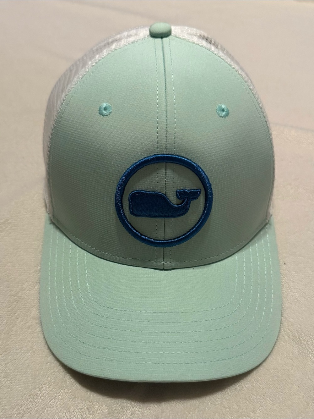Vineyard Vines Mint Green Trucker Hat with Blue Whale Patch